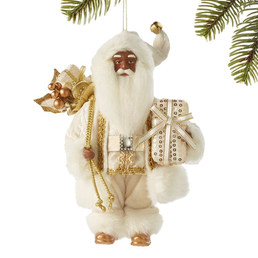 Gold & White 8" Black Santa Ornament